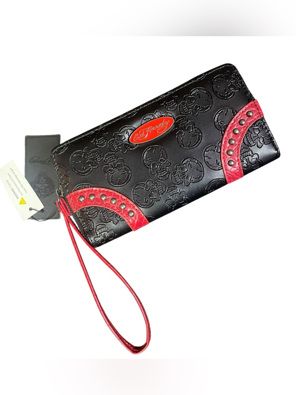 Ed Hardy Wristlet Wallet Black Red Skulls Silver Studded ZipAround Logo NEW NWT